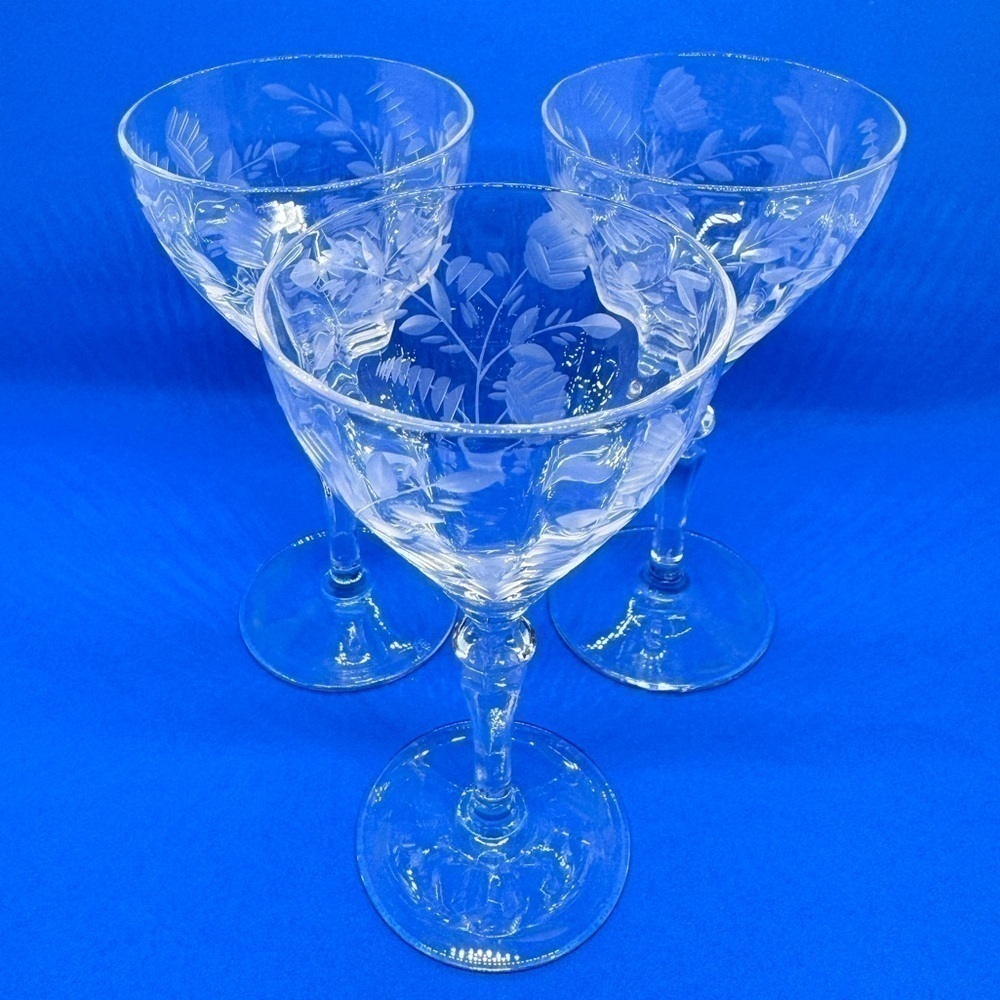 Vintage Optic Etched Floral Cordial Glasses Set of 3
